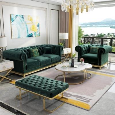 China Sofa Set Chesterfield Velvet Fabrics Green Sofa Set Home Furniture House Sofa Set Luxury Living Room With Brass Legs for sale