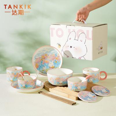 China Durable Handcrafted Pottery Applique Decal Non-Toxic Household Gift Ceramic Tableware Set With Gift Box for sale