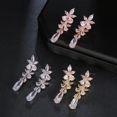 China FASHIONABLE High Quality Exquisite Zircon Zircon CZ Pink Tassel Earring Flower Long For Women Bridal Stud Earrings Wedding Jewelry for sale