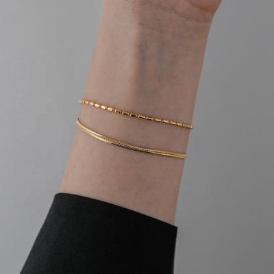 China CLASSIC Anti Tarnish Minimalist 18K Gold Plated Korean Snake Bead Double Layer Stainless Steel Jewelry Chain Bracelets For Women for sale