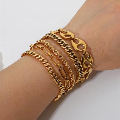 China TRENDY Waterproof Stainless Steel Women Jewelry Fashion 18k Gold PVD Miami Cuban Twisted Rope Flat Snake Link Chain Bracelet Bangle for sale