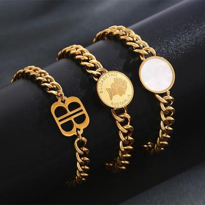 China FASHION FREE Vintage Jewelry FASHION FREE Vintage Cuban Shell Queen Women Stainless Steel Coin Shell Queen Bracelet Bangle Gold PVD for sale