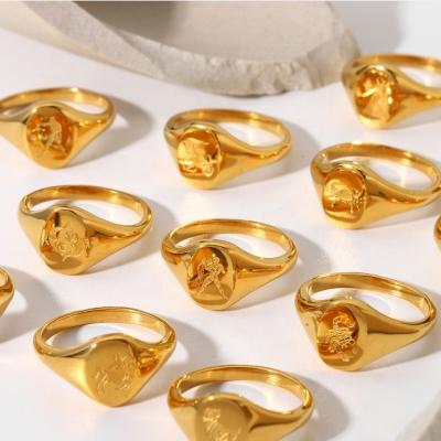 China TRENDY Engraved Ring Tarnish Free 18k Gold Astrology Symbol Seal Zodiac Sign Horoscope Jewelry Stainless Steel Star Sign Ring for sale