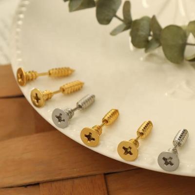 China Popular Waterproof Anti Tarnish Hip Hop Jewelry 18K Gold PVD Plating Stainless Steel Cross Screw Stud Earrings For Women Gift for sale