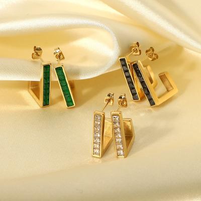 China Hiphop Jewelry Hip Hop Stainless Steel Waterproof 14K PVD Gold Plated Green Zircon Geometric Huggies Dangle Stud Earrings For Women for sale