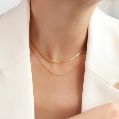 China FASHIONABLE Minimalist Tarnish Free 18K Gold Filled Three Layers Stainless Steel Tasty Double Snake Choker Necklace Herringbone Set for sale