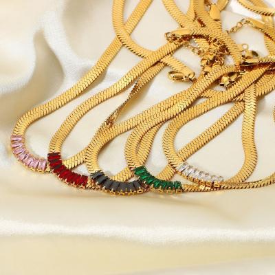 China FASHIONABLE Zircon Anti-Tarnish Red Green White Stone Jewelry Fishbone Snake Chain Choker Necklace Diamond Gold Stainless Steel Tennis for sale