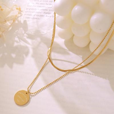 China TRENDY non tarnish double layer stainless steel pvd 18k gold plated pearl snake chain disc choker pendant necklace jewelry for sale