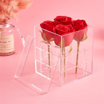 China JSM 4 Holes Fit Small Clear Storage Box For Elegant Jewelry Rose Box Square Flower Acrylic Lady Birthday Gift Preserved for sale