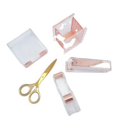 China Executive Promotional JSM 5in1 Family Stationery Sets Golden Art Stapler Pen Holder Scissors Note Box Acrylic Scissors for sale