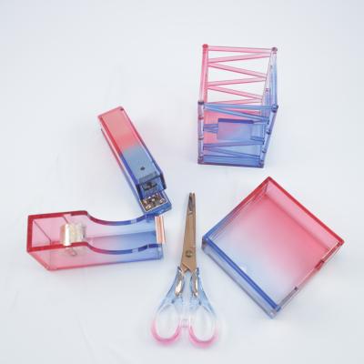 China JSM 5in1 Stapler Pen Holder Scissors Note Box Acrylic Colorful Spa School New Year Gift Sets for sale