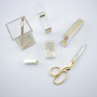 China Wholesale Gifts Stationery Set Stapler Tape Dispenser Pencil Holder Clip Remover Binder Acrylic Pen and Sewing Scissors for sale