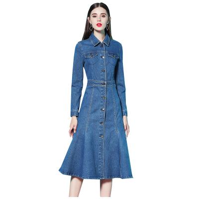 China Fashion anti-static ladies factory supply slim waist denim dresses long sleeve flare edge dresses women's dresses for sale