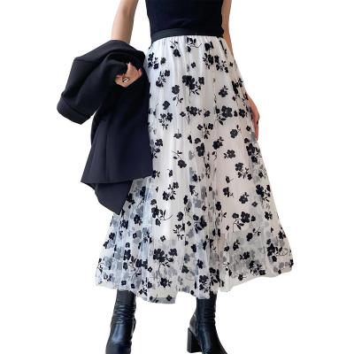 China Mesh Skirt Female floral breathable Gauze Skirt Thin line one of the mid length 2021 summer new style for sale