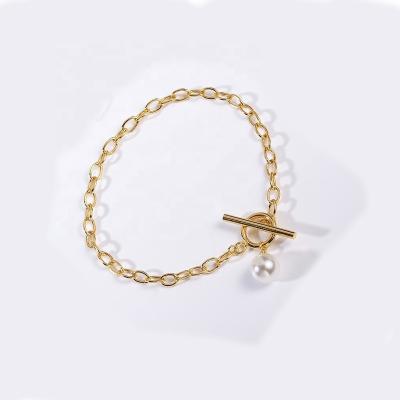 China TRENDY Hot Sale18K Gold Plated 925 Silver Chain Bracelets With Pearl Pendant For Women Jewelry for sale