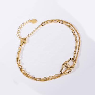 China TRENDY Hot Sale18K Gold Plated Silver Chain Double Heart 925 Pendant Bracelet For Women for sale