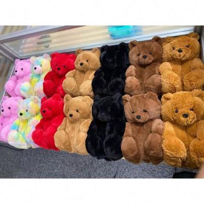 China Fashion Trend Lovely Plush Teddy Bear Fur Slipper Large Bedroom Animals Kids Cheap Wholesale Custom Animals Rainbow Teddy Bear Fur Slipper For Women for sale