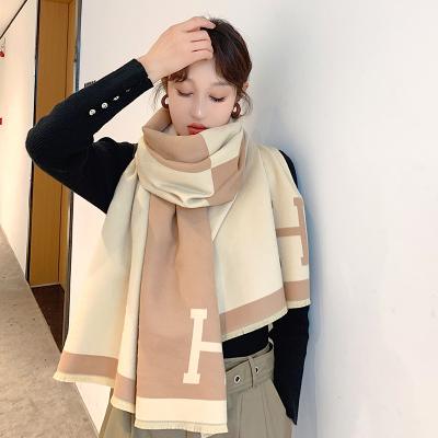 China Double-sided thickened shawl air conditioning letter scarf cashmere-like warm European and American American winter color for sale