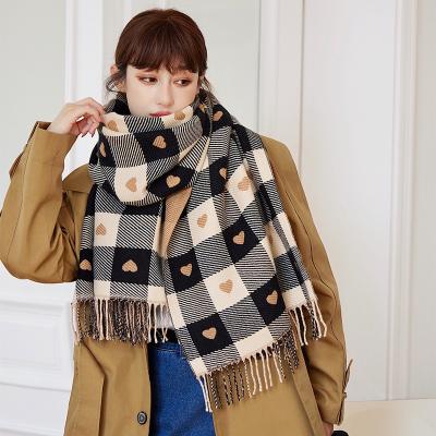 China Core-spun Yarn Shawl Scarf Winter Korean Style Cashmere Tassel Chess Board Plaid American European Warm Plaid Love Artificial Scarf Women for sale