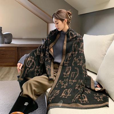 China Winter New Fashion Design Two Horse Jacquard European American Scarf Women's Warm Thick Pashmina Shawls Scarves for sale