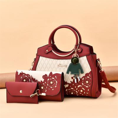 China High Quality Designer 3 Pcs Shoulder Bag Sets Women Flower Embroidered Leather Handbag Ladies Handbag for sale