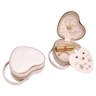 China New Arrival Heart Shaped Jewelry Box Small Small Heart Shaped Velvet Travel Jewelry Organizer Portable Beige Case Jewelry Box for sale