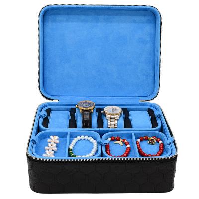 China Morden Black Handle Jewelery Boxes PU Watch Trinket Organizer Case Travel Ice Leather Jewelry Box for sale