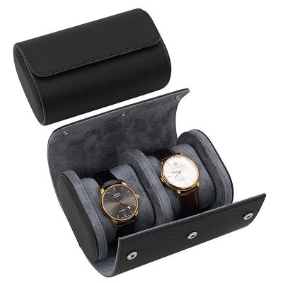 China Hot Sale Shopify Brown Round Travel Watch Case 2 Slots Custom Logo Watch Roll Leather Watch Travel Case for sale