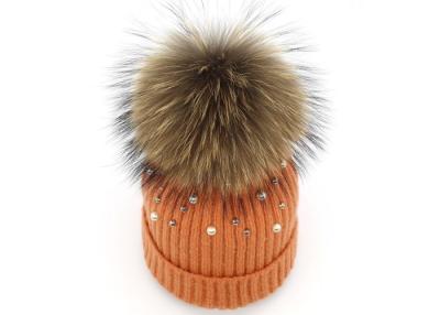 China Elastic Womens Knit Beanie With Fur Pom Pom , Lovely Warmest Beanie Hat In Snow Days for sale