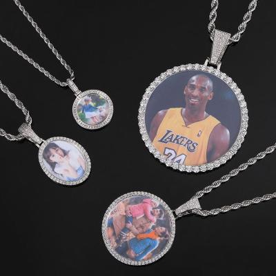 China FASHIONABLE Round Frame Custom Photo Microset Cubic Zirconia Hip Hop Hip Picture Pendant Necklaces for sale