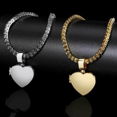 China Hiphop Hip Hop Flip Heart Micro Set Zircon Heart View Necklace Photo Memory Pendant for sale