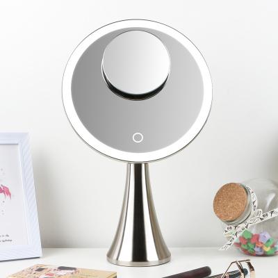 China 2021 New Type Lighted Small Round LED Mirror Metal 10X Magnifying Mirror Metal Stand Magnetic LED Makeup Mirror for sale