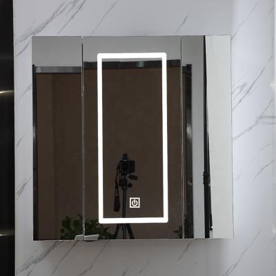 China Three Door LED Cabinet Mirror Touch Magnifying Button Customized Mirrors SMD2835 LED Light Bathroom Wall Mirror for sale