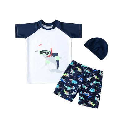 China QUICK DRY Fashion High Elastic Cartoon Printing Split Type Skin-friendly 3 Piece Elastic Waist Short Sleeve Swimwear Set For Kids for sale