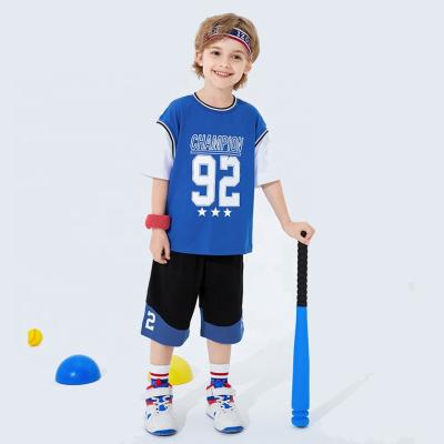 China Boy Casual Sweet Sports Letters Style Patchwork Mianzhi Short Sleeve And Shorts 2 Pcs Kids Clothing Sets for sale