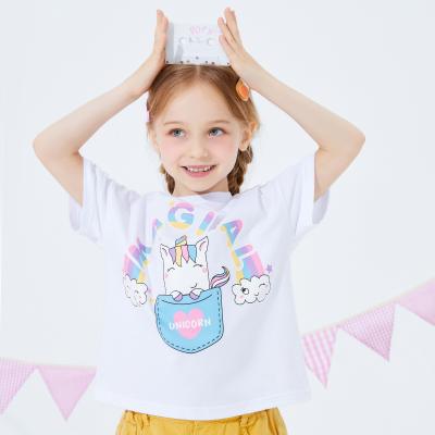 China All cotton fabric Mianzhi summer drop sleeves unicorn loose pure cotton rainbow version pure cotton child girl shirts for sale