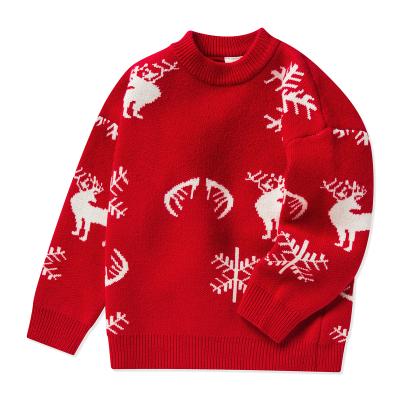 China Custom Made Red Mianzhi Elk Pattern Pullover Sweater Kids Sweater Skin-friendly High Quality Warm Breathable Crew Neck For Boy And Girl for sale