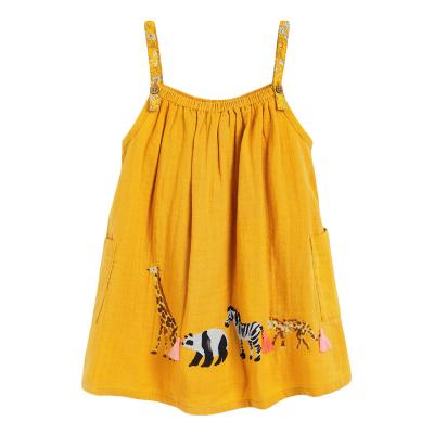 China Toddler 100% Cotton Kids Suspender Comb Woven Elastic Yellow Loose Animal Washable Summer Wholesale 2T-7T 3 Years Girl Casual Dress for sale