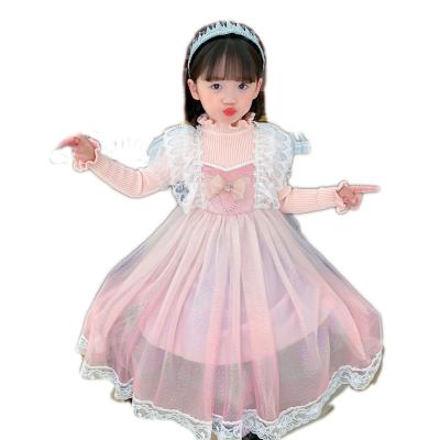 China 2022 Sustainable Style Ins Style Sweet Long Sleeves Lace Up Decoration Birthday High Bow Pink Collar Princess Elegant Casual Dress For Kids for sale