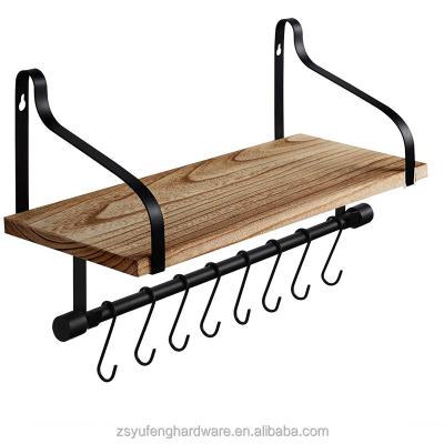 China Easy Install Simple suspended wood frame carbonized wood shelf iron art suspended wall hanging finishing rack wall hanging hook. for sale