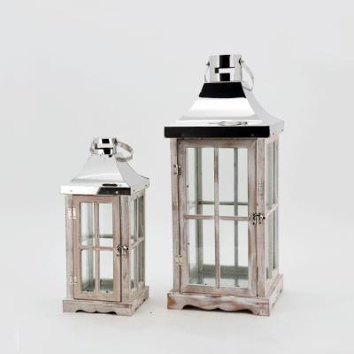 China High Quality Wooden Lantern 2 Home Decoration Set With Silver Roop Stand Garden Decoration for sale