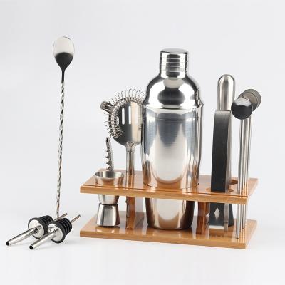 China 13 piece sustainable premium quality stainless steel cocktail shaker set with wooden stand cocktwil set for sale