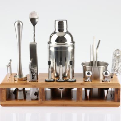 China Sustainable Factory Direct 22 Piece Stainless Steel Cocktail Shaker Set With Wooden Stand Bar Supplies Cocktail Shaker for sale