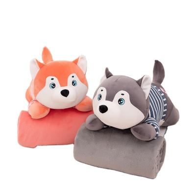 China Wholesale Plush Doll Product OEM Stuffed Husky Pillow Cover 2 in 1 Husky Pillow Blanket Plush Cartoon Animal Husky Pillow Cover 2 in 1 for sale