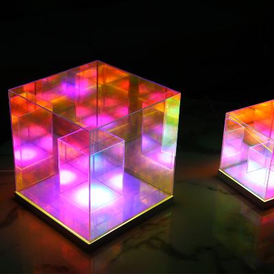 China 3D 7 Colors Colorful Acrylic 3D Cube Latest Flashing Interior Lighting for Hotel Holiday Lobby Party Night Lighting Cube Lamp Desk Table Lamp for sale