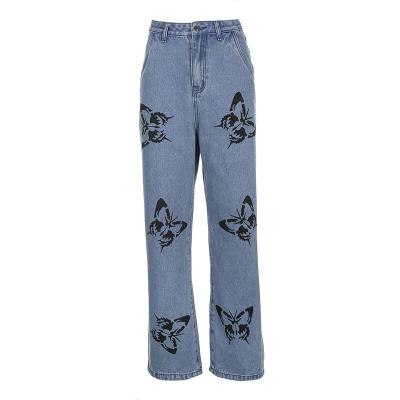 China Casual Ladies Fashion Jeans Female Butterfly Print Breathable Streetwear Long Straight Harajuku Denim Pants Women Trousers for sale