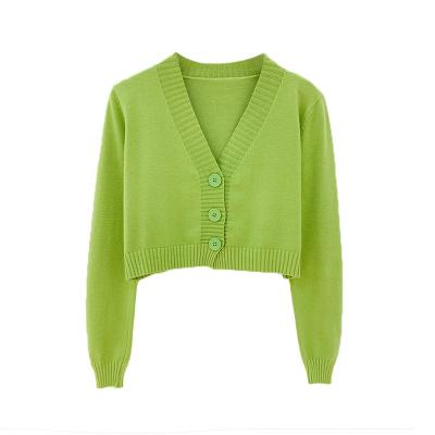 China Women's Korean Short Sweater Sleeve V-Neck Knitted Crop Cardigan Parride Long Green-Blue for sale