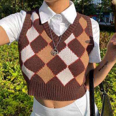 China Brit Style Lozeng-Shaped Woolen V-Neckline Anti-Wrinkle Slimming Short Vest For Women Spring/Summer 2021 for sale