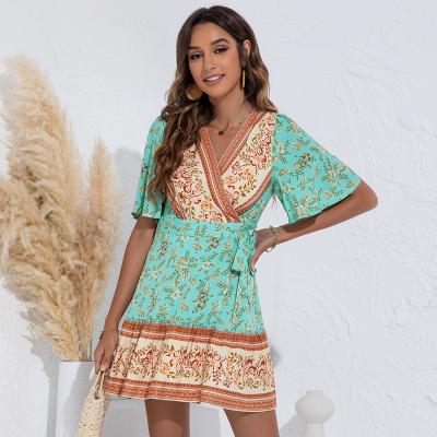 China Viable Summer 2021 Women Dress Vintage Elegant Mini Dresses Streetwear Ladies Clothing Boho Sleeve Printing Short Dress Fashion for sale