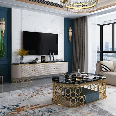 China Durable Italian Leather Storage Tv Table And Coffee Table Set Living Room Marble Top Furniture for sale